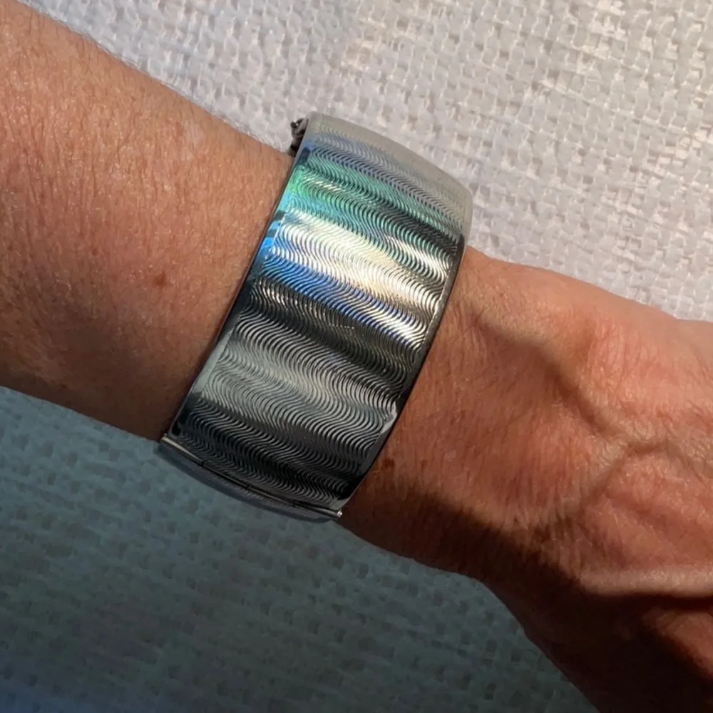 Silver Hinged Cuff Bracelet Wave Texture